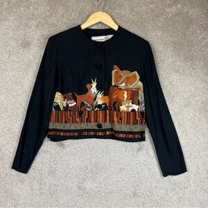 Karin Stevens Vintage Shirt Womens 8 Black Animal Rayon Long Sleeve Button-2856*